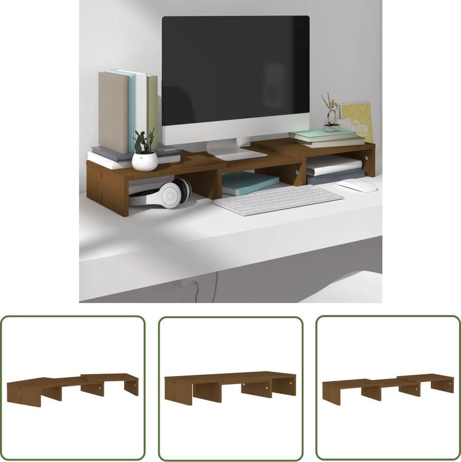 The Living Store Monitorstandaard Houten Bureaukast Verstelbaar Honingbruin 60 x 24 x 10.5cm Monitorstandaard Houten Bureaukast Laptop Stand Ergonomie Bureausysteem - Foto 2