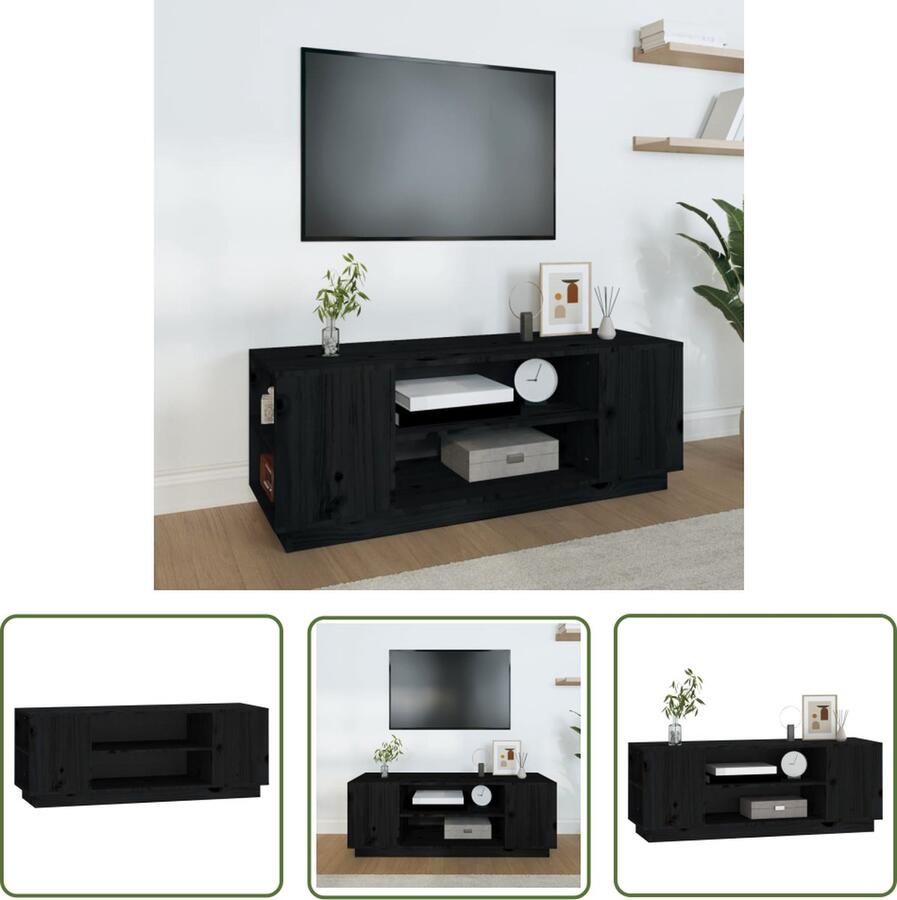 The Living Store Televisiekast Massief Grenenhout Zwart 110 x 35 x 40.5 cm Televisiekast Houten Kast Grenoble Hout Zwarte Kast Salontafel - Foto 2