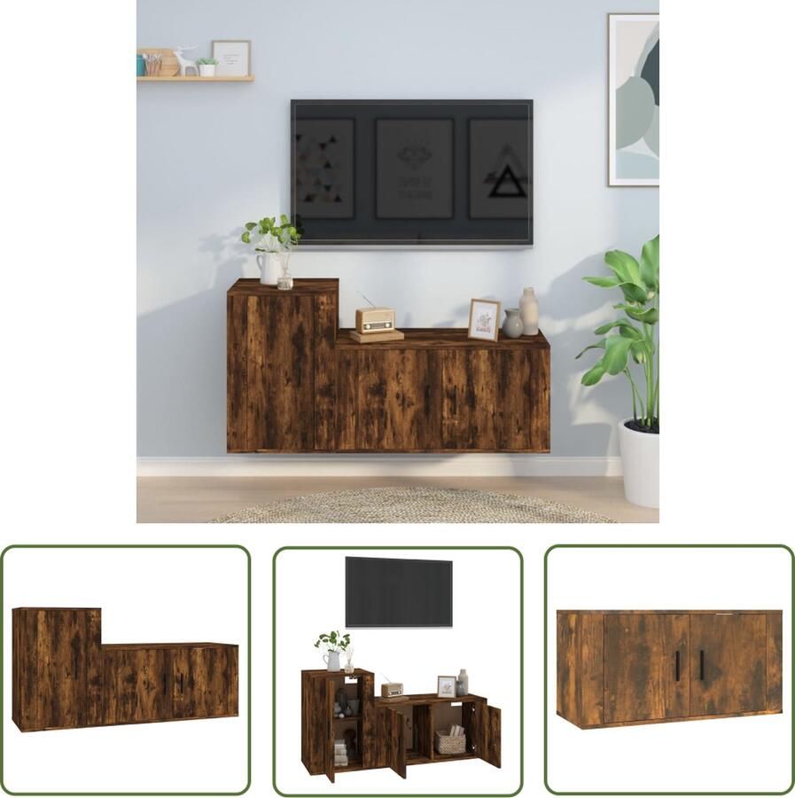 The Living Store TV-meubelset Klassieke televisiekastenset Gerookt eiken 80 x 34.5 x 40 cm 40 x 34.5 x 60 cm TV Kast Houten TV Kast Vintage TV Kast Rustieke TV Kast Bruine TV Kast - Foto 2