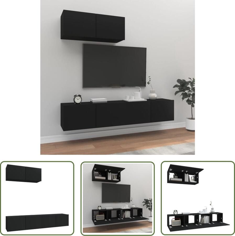 The Living Store TV-meubelset zwart bewerkt hout 80 x 30 x 30 cm (L x B x H) 3 stuks Tv Kast Houten Tv Kast Wandmontage Tv Kast Tv Meubelset Salontafel - Foto 2