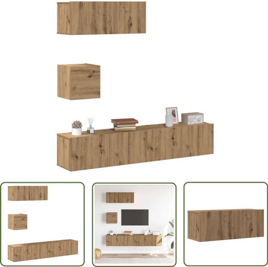 The Living Store vidaXL Houten Tv Kast Tv Kast 4-delig Tv-meubelset wandmontage bewerkt hout artisanaal eiken Salontafel Media Kast Wandmontage
