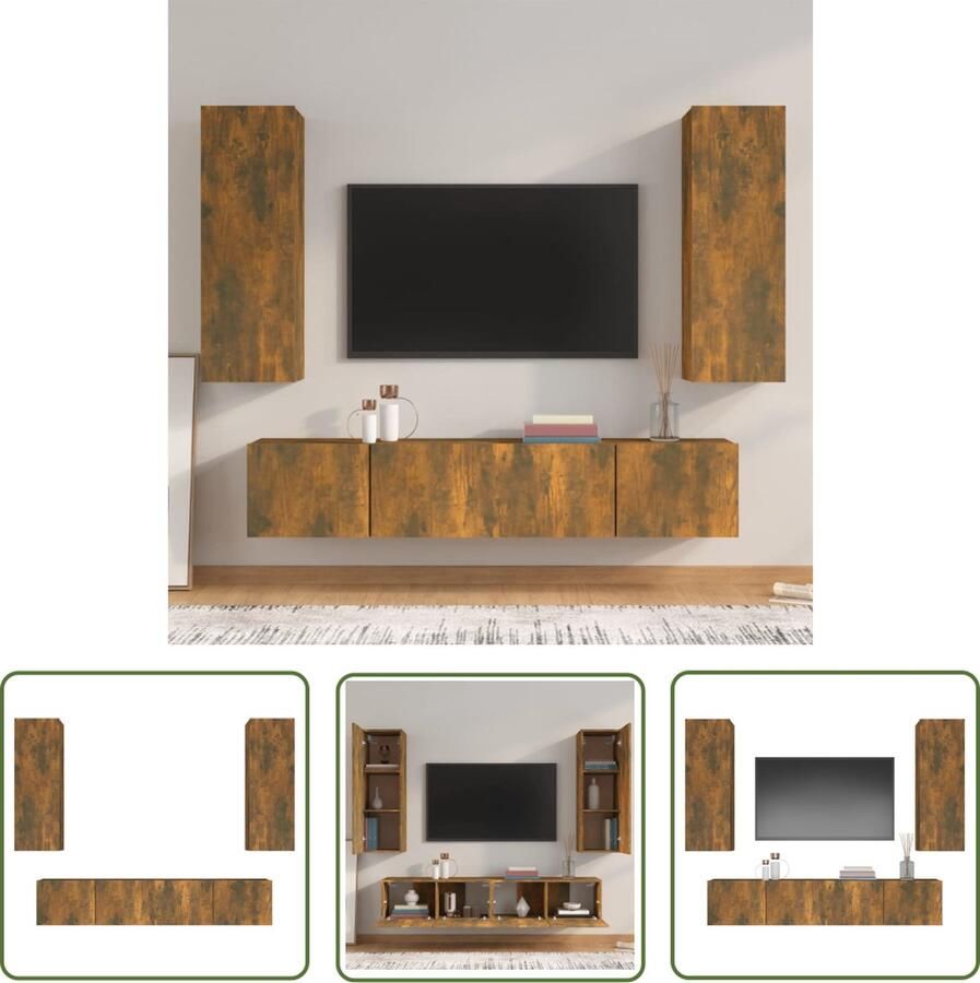 The Living Store vidaXL Houten Tv Kast Tv Kast 4-delige Tv-meubelset bewerkt hout gerookt eikenkleurig Tv Meubel Salontafel Wandmontage - Foto 2