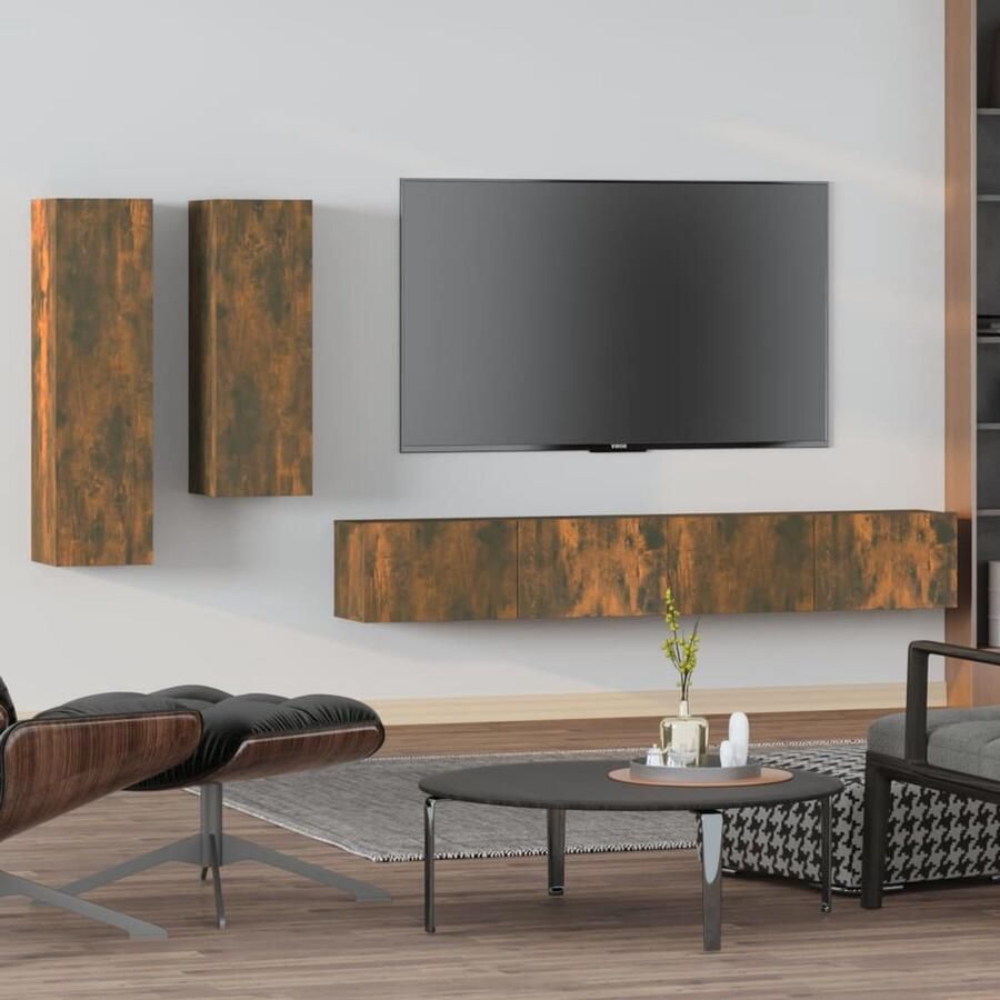 VidaXL Tv-meubelset 4-delig Gerookt Eiken Hout Tv Meubel Set Houten Tv Kast Wandmontage Tv Kast Bruine Tv Kast Boekenplank