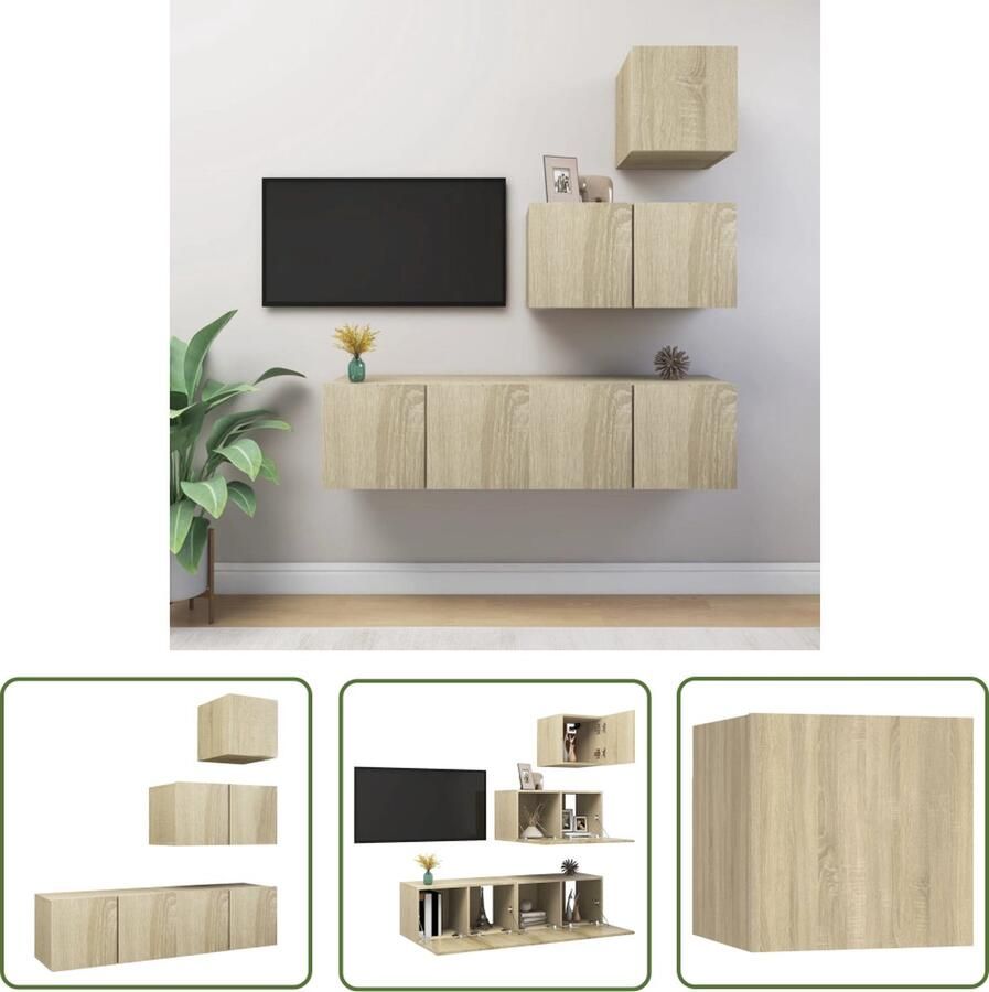 The Living Store vidaXL Houten Tv Kast Tv Kast 4-delige Tv-meubelset bewerkt hout sonoma eikenkleurig Tv Meubel Tv Stand Media Kast - Foto 2