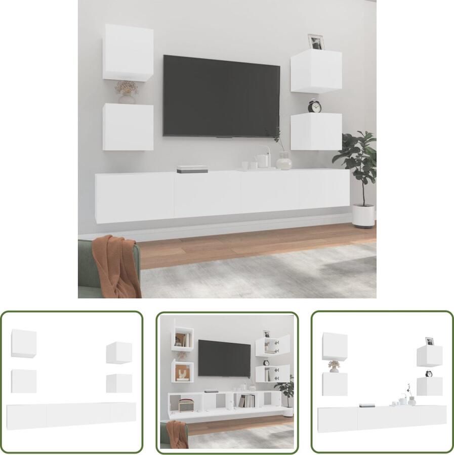 The Living Store vidaXL Houten Tv Kast Tv Kast 6-delige Tv-meubelset bewerkt hout wit Wandmontage Tv Kast Tv Meubelset Salon Meubilair - Foto 2