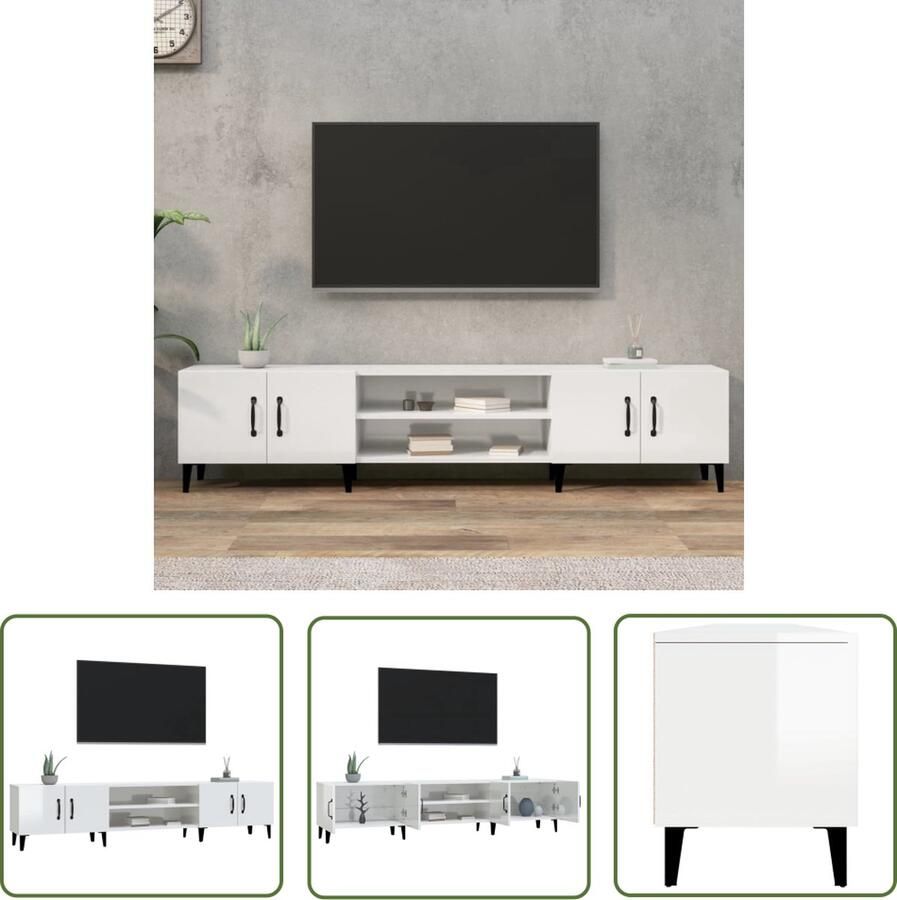 The Living Store Tv-kast High Gloss Wit 180x31.5x40 cm Duurzaam bewerkt hout Voldoende opbergruimte Tv Kast Houten Tv Kast Wit Tv Kast Media Kast Salon Meubilair - Foto 2