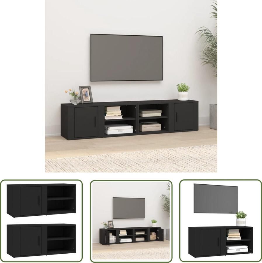 The Living Store Mediatv-meubels bewerkt hout 80x31.5x36 cm zwart (set van 2) Tv Kast Houten Tv Kast Mediakas Salontafel Zwarte Tv Kast - Foto 2