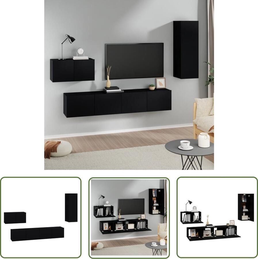 The Living Store Tv-kastenset Klassiek ontwerp Bewerkt hout Voldoende opbergruimte Wandgemonteerd Praktische deuren Kleur- zwart Tv Kasten Houten Tv Kast Zwarte Tv Kast Wandmontage Tv Kast Opbergruimte Tv Kast - Foto 2
