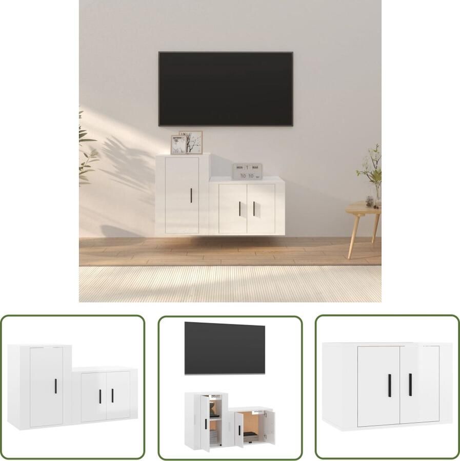 The Living Store Televisiekastenset Houten TV-meubel Hoogglans wit 57 x 34.5 x 40 cm en 40 x 34.5 x 60 cm Tv Meubel Houten Tv Kast Hoogglans Wit Salontafel Living Room Furniture - Foto 2