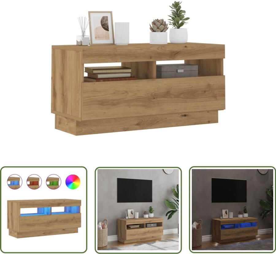 The Living Store vidaXL Tv-meubel met LED 80x35x40 cm bewerkt hout artisanaal eiken Tv-meubel Houten Tv-kast Led Tv-meubel Salontafel Livingroom Furniture