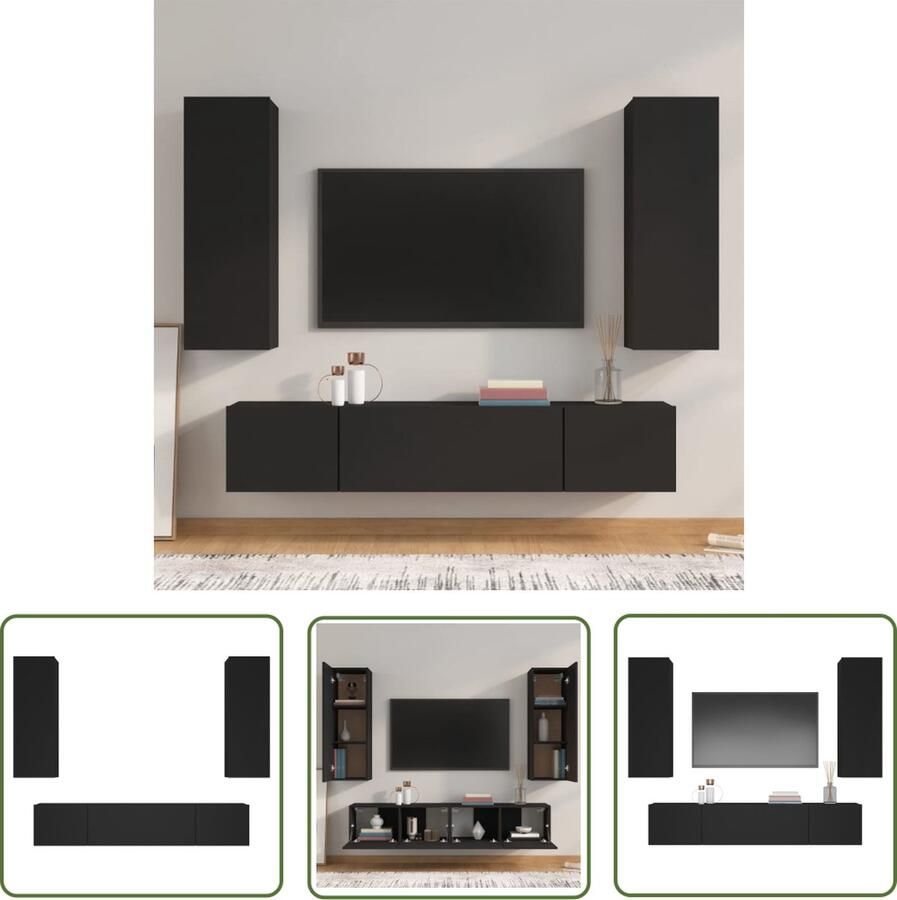 The Living Store vidaXL Houten Tv Kast Tv Meubel Set 4-delige Tv-meubelset bewerkt hout zwart Wandmontage Tv Kast Zwarte Tv Kast Tv Meubilair - Foto 2