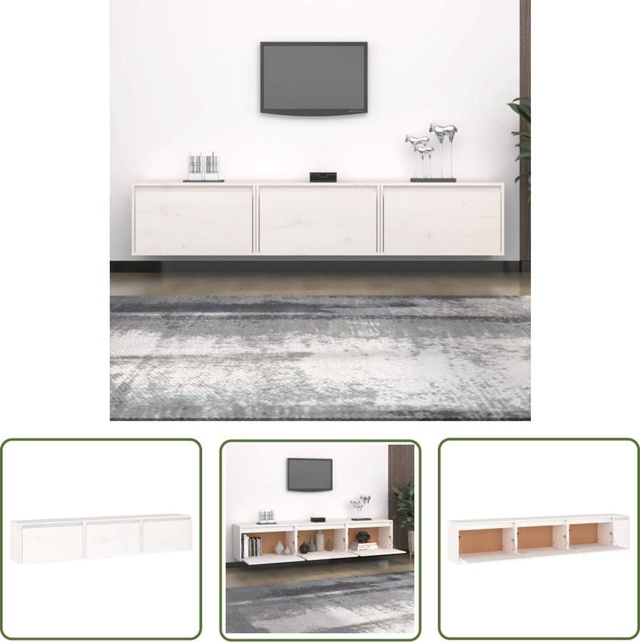 The Living Store TV-meubel Wit Massief Grenenhout 60 x 30 x 35 cm Set van 3 TV Meubel Houten TV Kast Grenoble Hout Wit Wandmontage - Foto 2