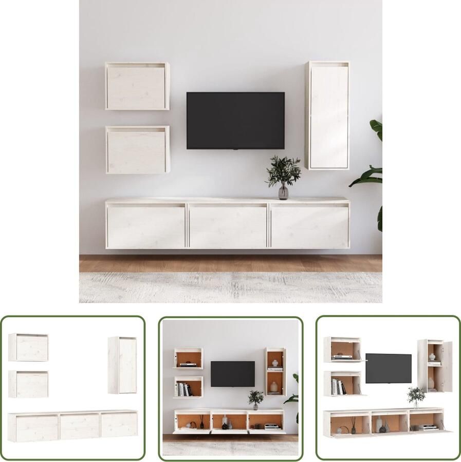 The Living Store TV meubel set hangkast massief grenenhout wit 3x 60x30x35cm 2x 45x30x35cm 1x 30x30x80cm TV Meubel Houten TV Kast Grenoble Hout Wit Wandmontage - Foto 2