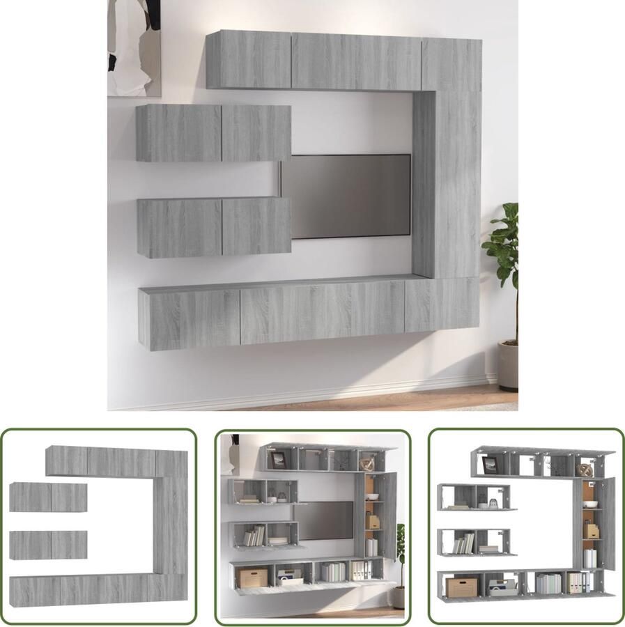 The Living Store TV-meubelset Klassiek Grijs Sonoma Eiken 4x 80x30x30 cm 1x 30.5x30x110 cm 2x 100x30x30 cm Tv Meubels Houten Tv Kast Grijze Tv Kast Wandmontage Tv Kast Salon Meubilair