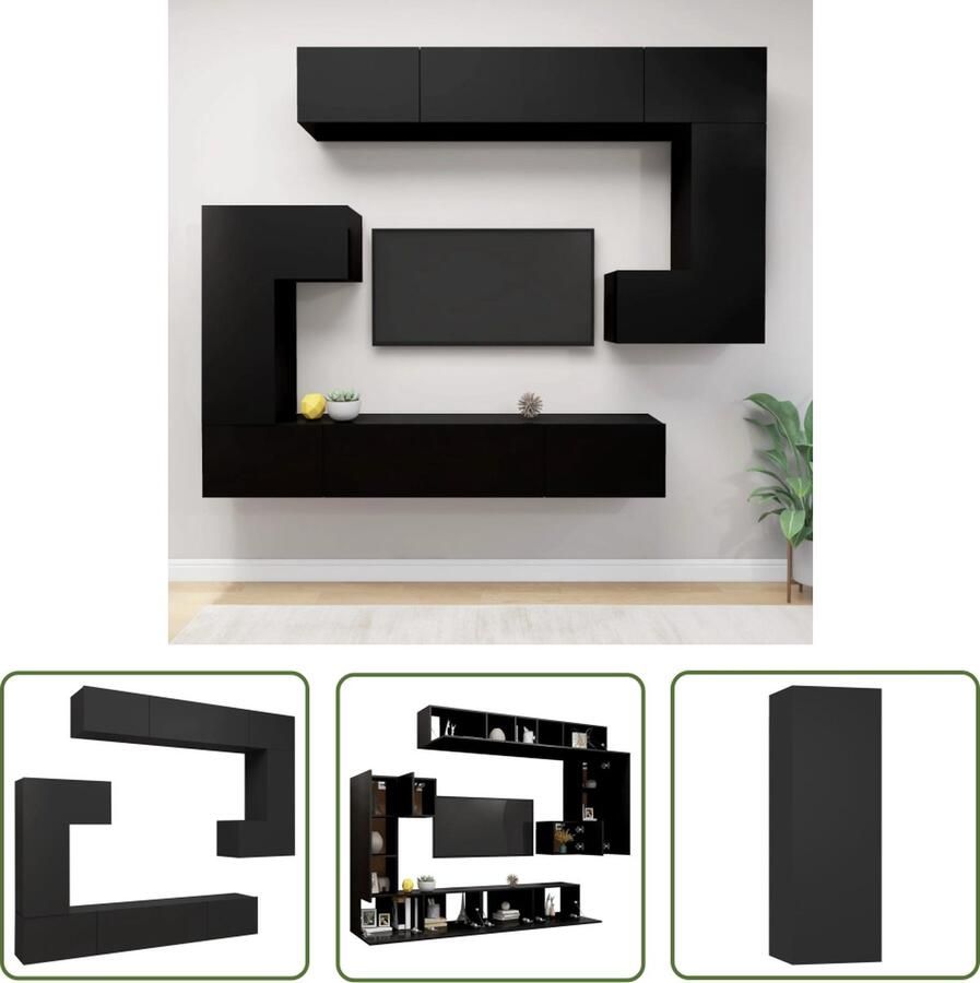 The Living Store vidaXL Houten Tv Kast Tv Meubels 8-delige Tv-meubelset bewerkt hout zwart Zwarte Tv Kast Wandmontage Tv Kast Tv Kastenset - Foto 2