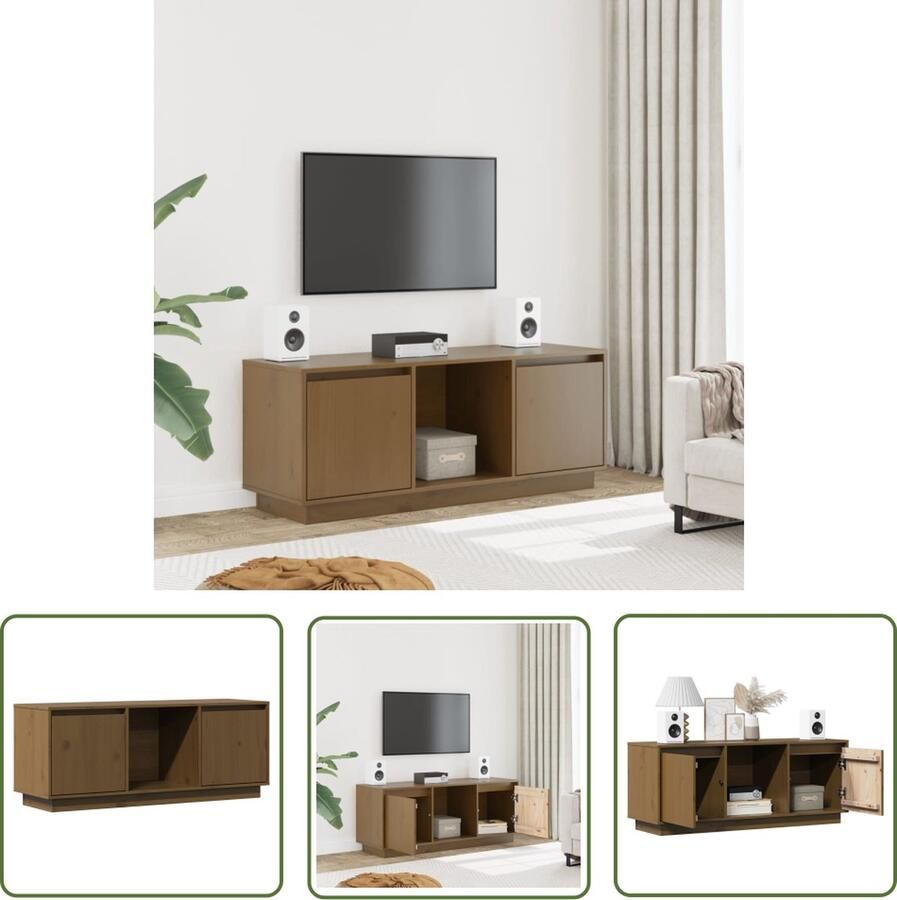 The Living Store TV-meubel Grenenhout Honingbruin 110.5x35x44 cm praktisch en modern Tv Meubels Houten Tv Kast Grenoble Hout Salontafel Living Room Furniture - Foto 3