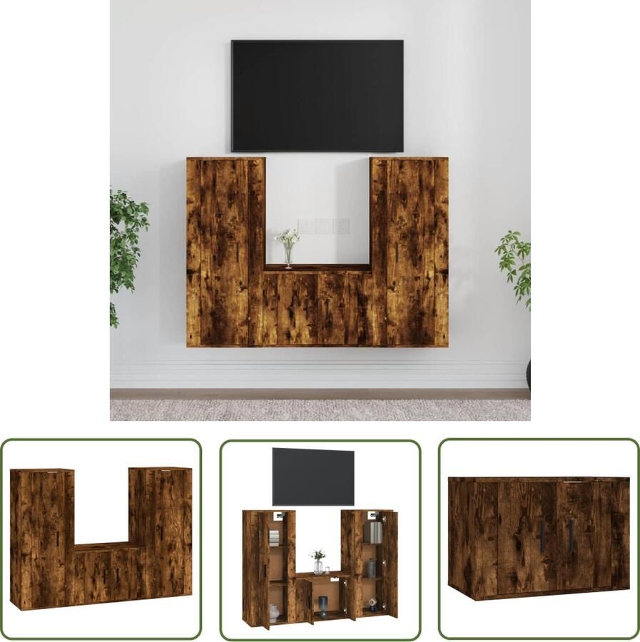 The Living Store Klassieke televisiekastenset 2x 40 x 34.5 x 100 cm + 1x 57 x 34.5 x 40 cm Gerookt eiken Tv Meubilair Houten Tv Kast Klassieke Tv Stand Mediastand Salontafel - Foto 2