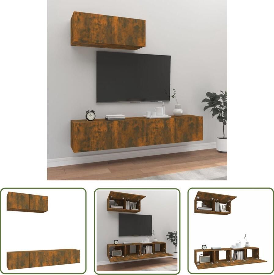 The Living Store vidaXL Houten Tv Kast Tv Meubilair 3-delige Tv-meubelset bewerkt hout gerookt eikenkleurig Bruine Tv Kast Wandmontage Tv Kast Opslag Tv Kast - Foto 2