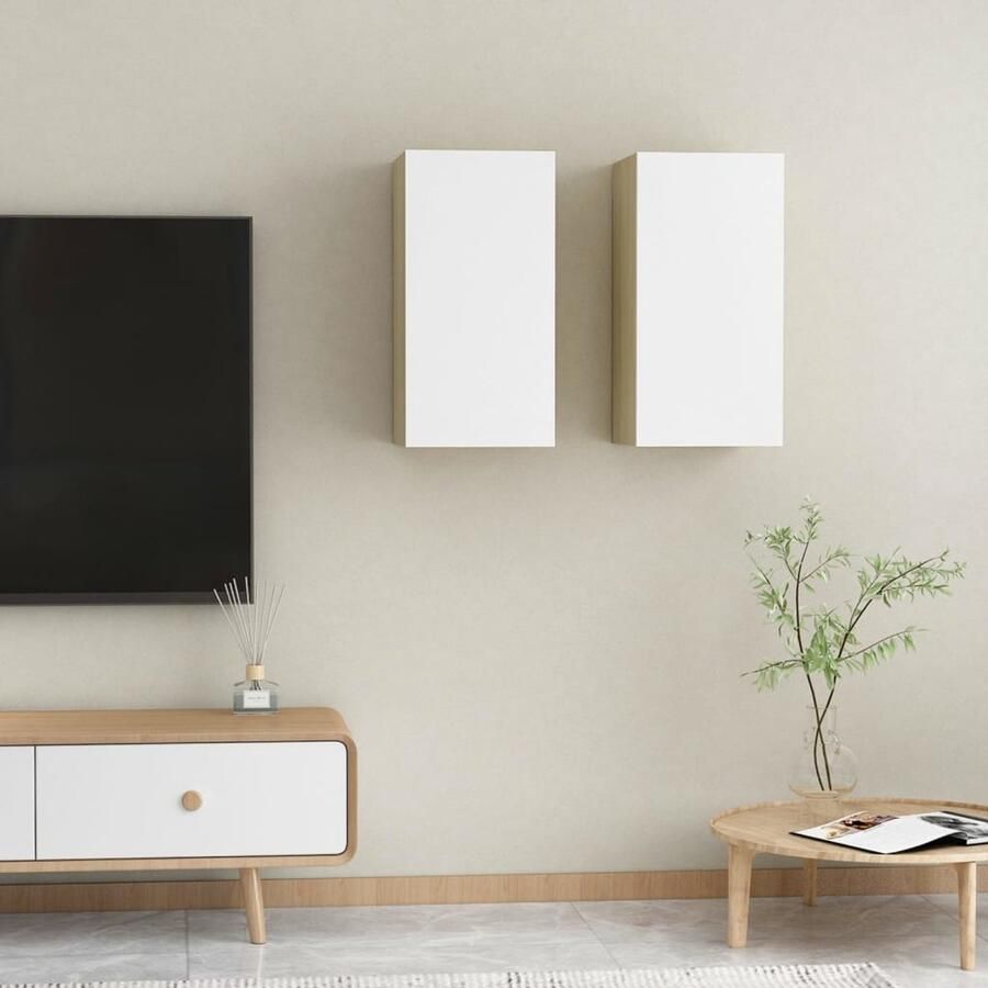 The Living Store Hangende Televisiekastenset Wandmeubelen Bewerkt Hout 30.5 x 30 x 60 cm Wit en Sonoma Eiken Tv Meubilair Houten Tv-kast Wandmontage Tv-kast Tv Kast Set Witte Tv-kast