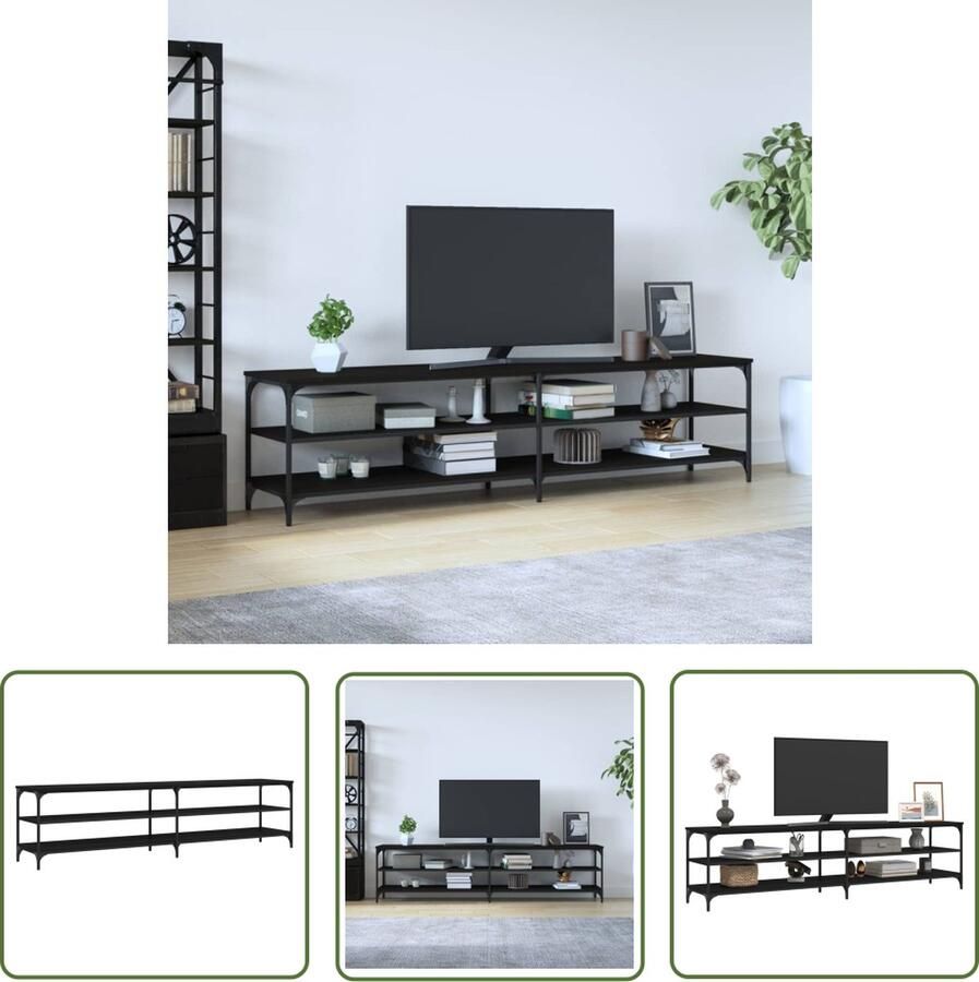 The Living Store Tv-meubel 200x30x50 cm bewerkt hout metaal zwart Tv-meubel Houten Tv-meubel Zwart Tv-meubel Salontafel Mediastand - Foto 2