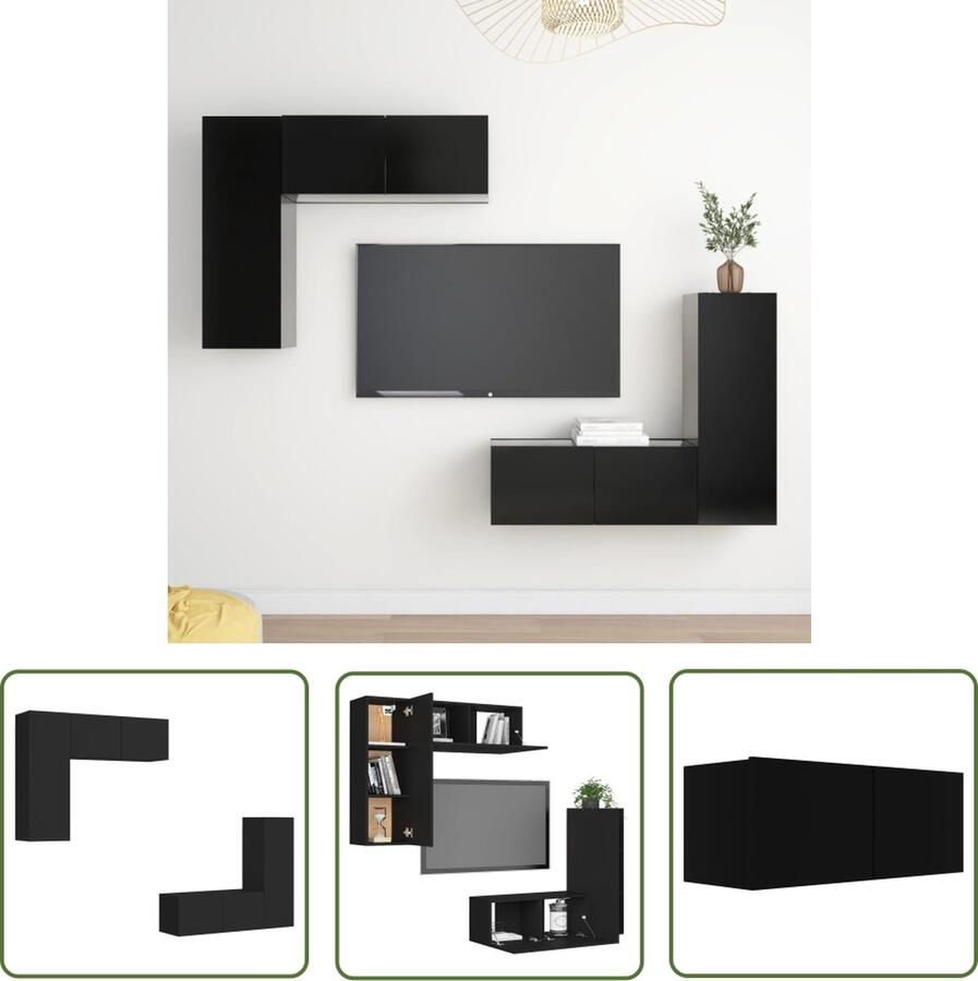 The Living Store 4-delige Tv-meubelset bewerkt hout zwart Tv-meubel Houten Tv-meubel Wandmontage Tv-meubel Tv-kast Media-console - Foto 2