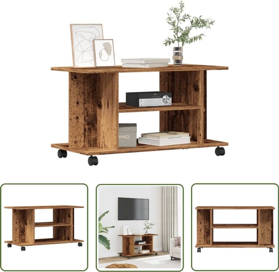 The Living Store vidaXL Tv-meubel met wieltjes 80x40x45 cm bewerkt hout oud houtkleurig Tv-meubel Houten Tv-meubel Mediabox Salontafel Vintage Tv-standaard