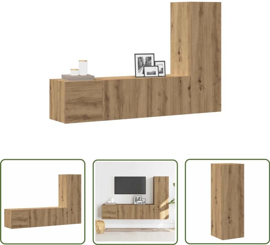The Living Store vidaXL Tv-wandkasten 3 st bewerkt hout artisanaal eikenkleurig Tv Kast Houten Tv Meubel Wandkast Media Kast Salontafel