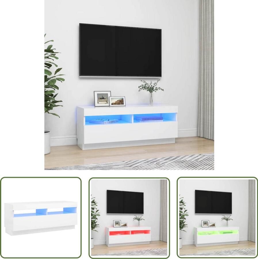 The Living Store TV-meubel LED-verlichting Hout 100x35x40 cm Wit TV-meubel Houten TV-meubel Led Tv Meubilair Tv Stand Salontafel - Foto 2