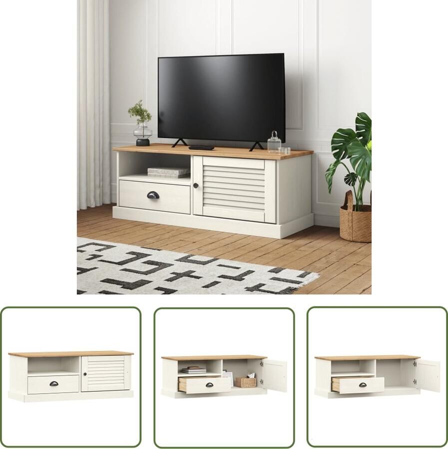 The Living Store VIGO Houten TV-Meubel 106 x 40 x 40 cm Massief grenenhout Wit Tv-meubel Houten Tv-meubel Grenenhout Tv-meubel Wit Tv-meubel Opbergruimte Tv-meubel - Foto 2