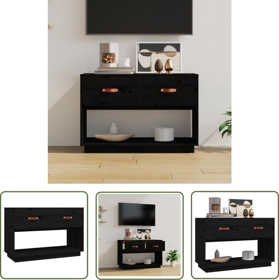 The Living Store Klassieke Televisiekast Zwart 90x40x60 cm Massief Grenenhout Klassieke Televisie Kast Houten Tv Stand Tv Meubel Zwart Grenoble Hout Tv Kast Opbergen - Foto 2