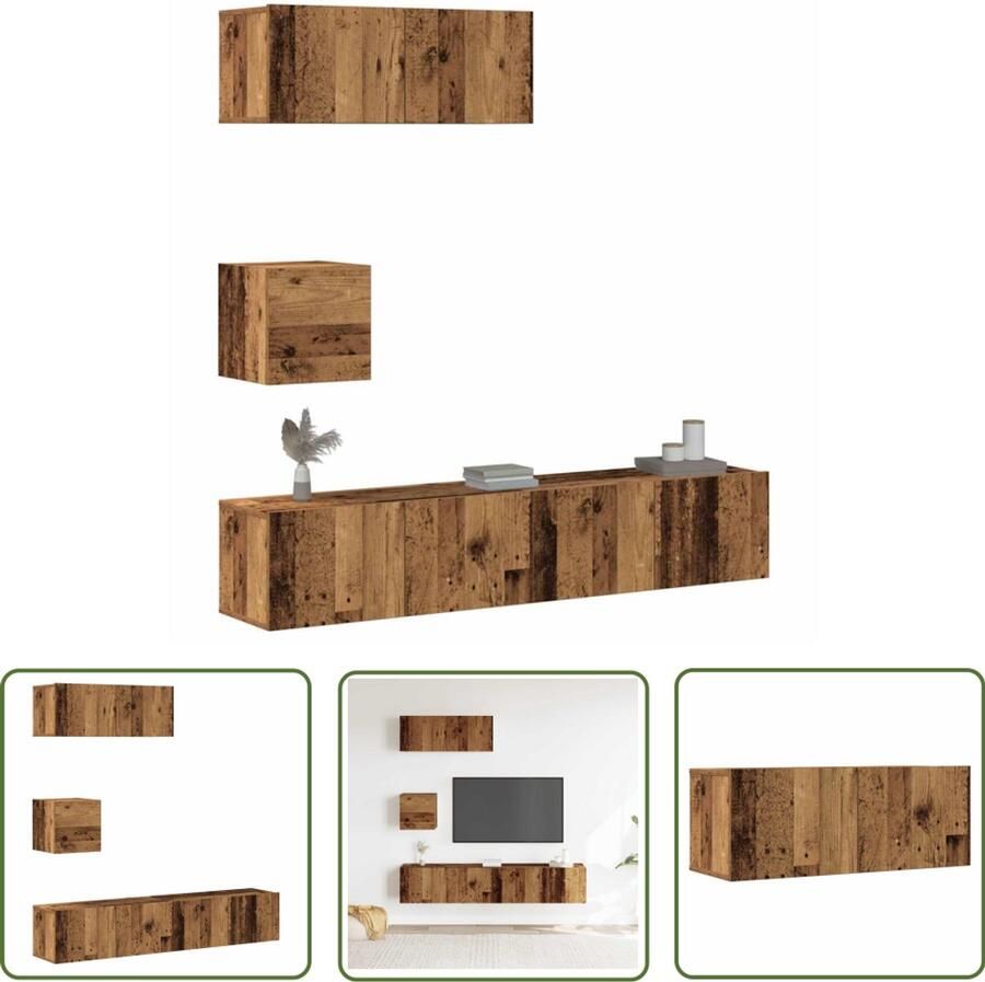 The Living Store vidaXL Houten Tv Stand Tv Kast 4-delig Tv-meubelset wandmontage bewerkt hout oud houtkleurig Salontafel Mediabox Opslagruimte