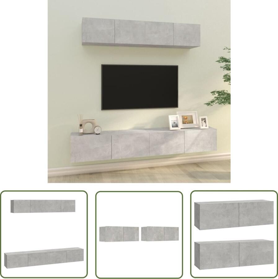 The Living Store vidaXL 4-delige Tv-meubelset bewerkt hout betongrijs Tv Kast Houten Tv Stand Wandmontage Tv Unit Beton Grijs Living Room Furniture - Foto 2