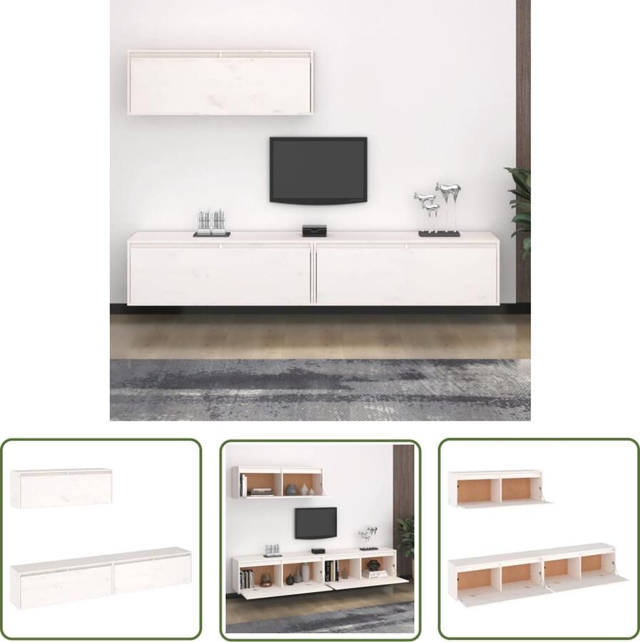 The Living Store vidaXL 3-delig tv-meubelset massief grenenhout wit TV-meubel Houten TV-stand Salontafel Livingroom Furniture Vintage TV Stand - Foto 2