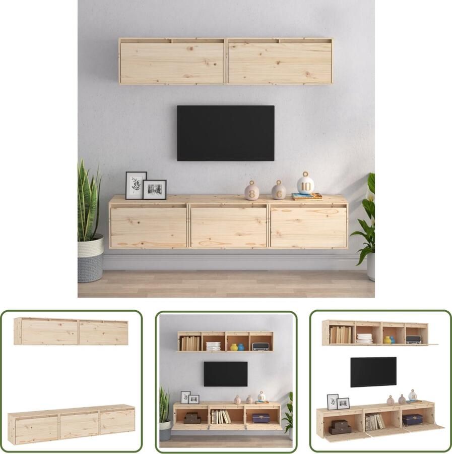 The Living Store Tv-meubelenset Grenenhout Vintage design 3x 60 x 30 x 35 cm 2x 80 x 30 x 35 cm Montage vereist TV-meubel Houten TV-stand Grenoble Hout Vintage TV-meubel Salontafel - Foto 2