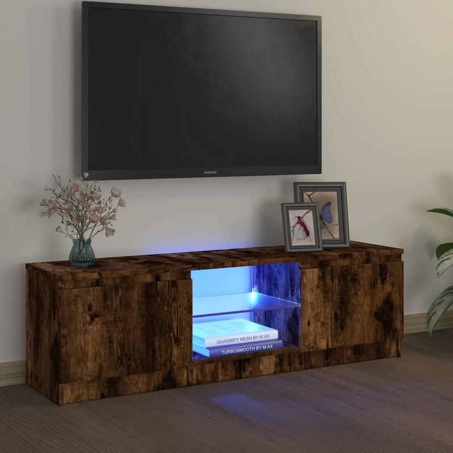 The Living Store TV-meubel Kast met bewerkt hout en LED-verlichting 120x30x35.5 cm Gerookt eiken Tv-meubel Houten Tv-stand Led Tv-tafel Bruine Tv-bank Salon Meubilair - Foto 2