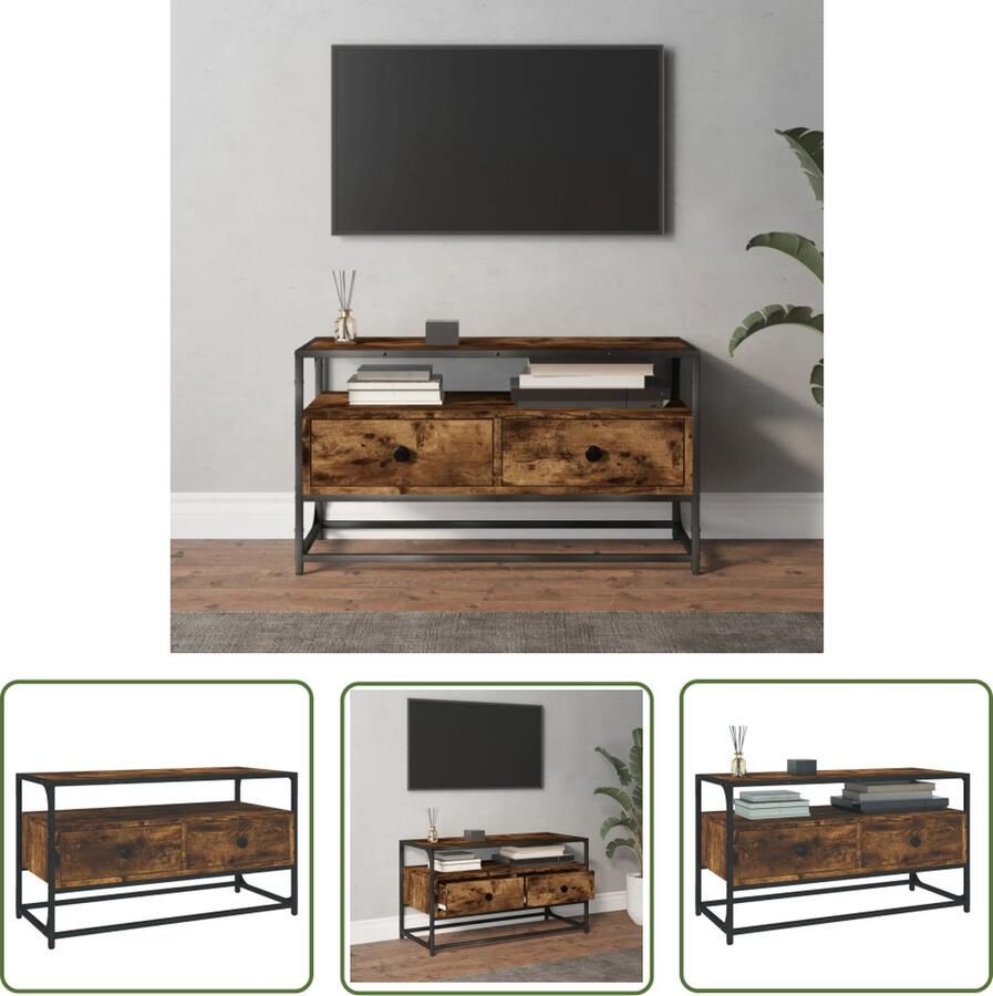 The Living Store TV-meubel Gerookt eiken 80 x 35 x 45 cm Duurzaam 2 lades Metalen voeten Tv-meubel Houten Tv-standaard Tv Kast Salontafel Livingroom Meubilair - Foto 2