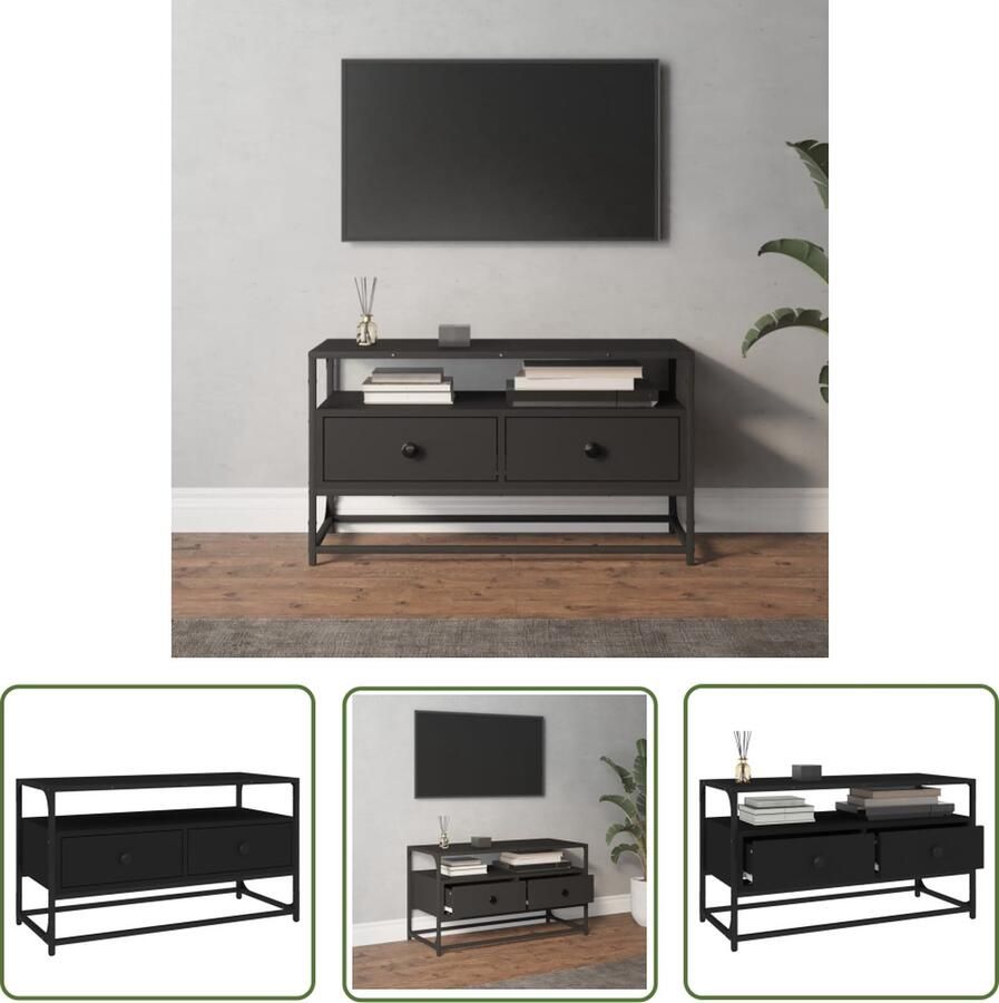 The Living Store TV-meubel Zwart Hout en staal 80 x 35 x 45 cm 2 lades Tv-meubel Houten Tv-standaard Tv Kast Salontafel Media Kast - Foto 2
