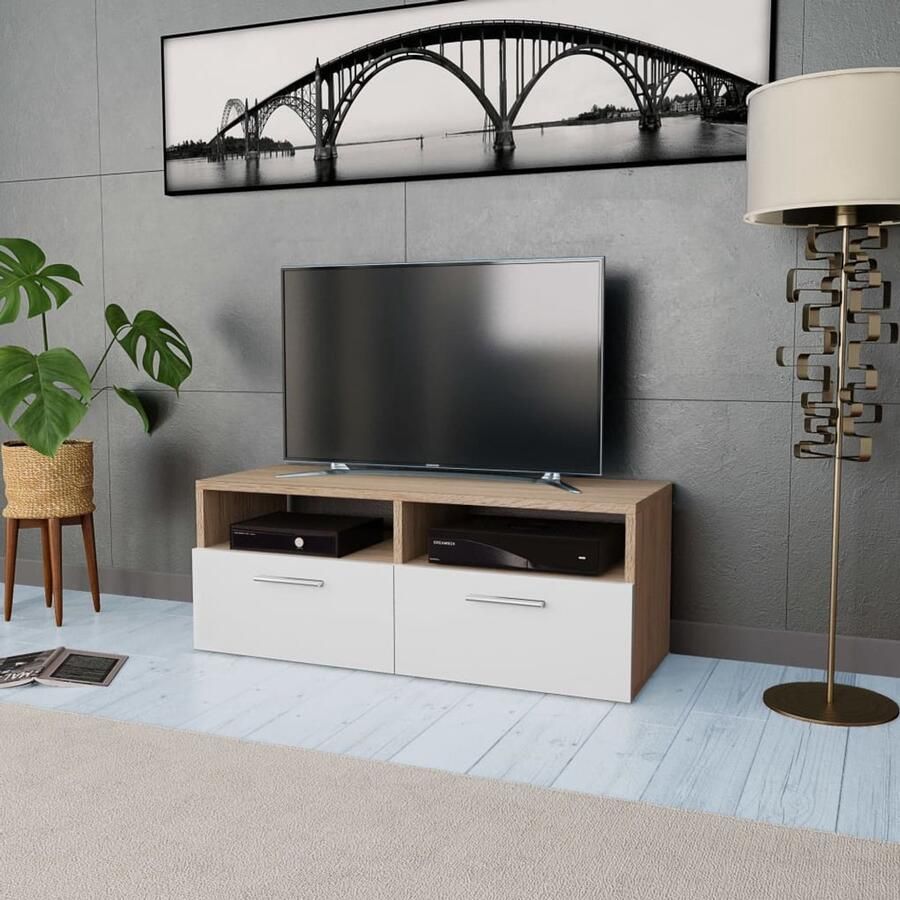 The Living Store vidaXL Tv-meubel 95x35x36 cm bewerkt hout eikenkleurig en wit Tv-meubel Houten Tv-standaard Tv-kast Media Kast Livingroom Meubilair
