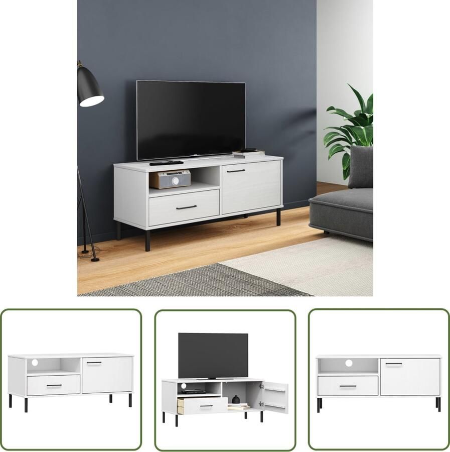 The Living Store vidaXL Houtsoort Tv Kast Tv-meubel met metalen poten OSLO massief grenenhout wit Grenshouthout Wit Mediakast - Foto 2