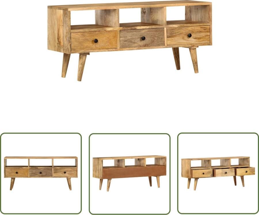 The Living Store Industrieel TV-meubel 110 x 36 x 50 cm Massief mangohout 3 lades 3 open vakken Tv-meubel Industrieel Tv-meubel Mangohout Tv-meubel Houten Tv-standaard Tv-tafel - Foto 2
