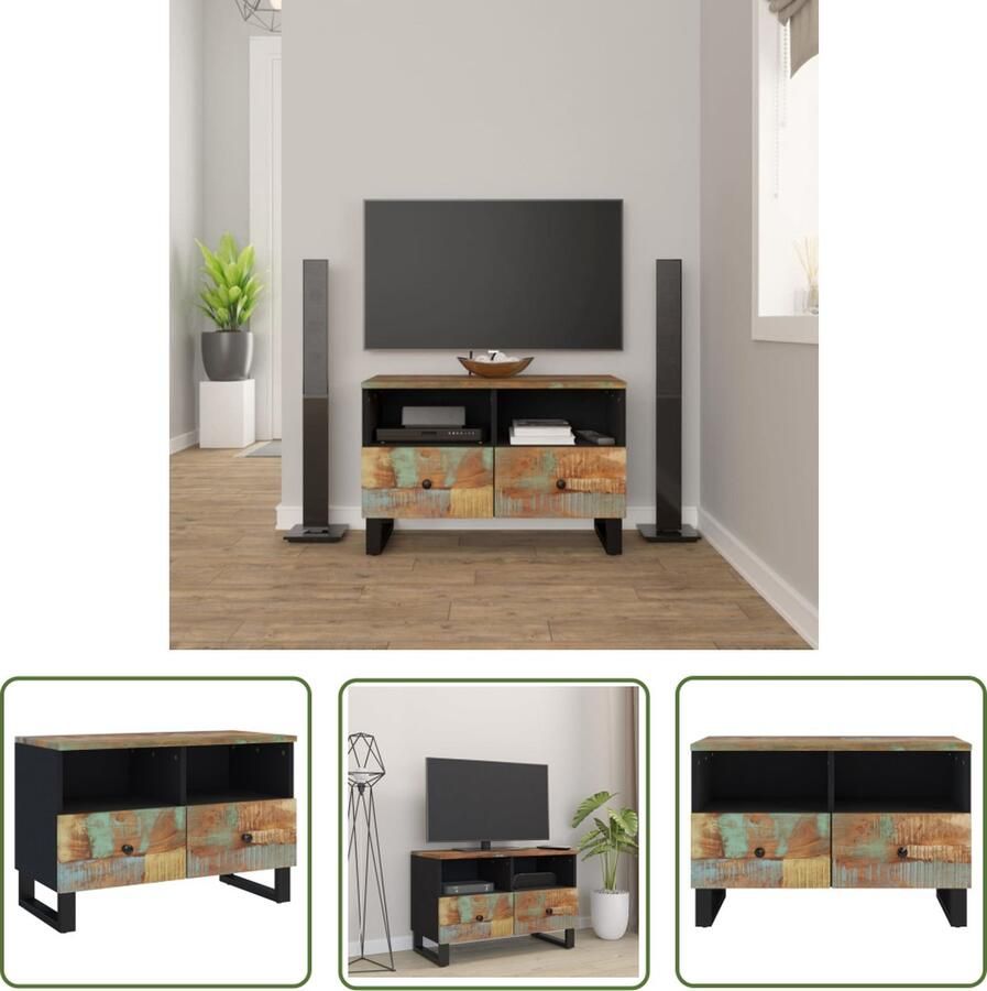 The Living Store Tv-meubel Industrieel 70 x 33 x 46 cm Massief gerecycled hout Zwart frame Tv-meubel Industrieel Tv-meubel Houten Tv-stand Vintage Tv-kast Recycled Wood Furniture - Foto 2