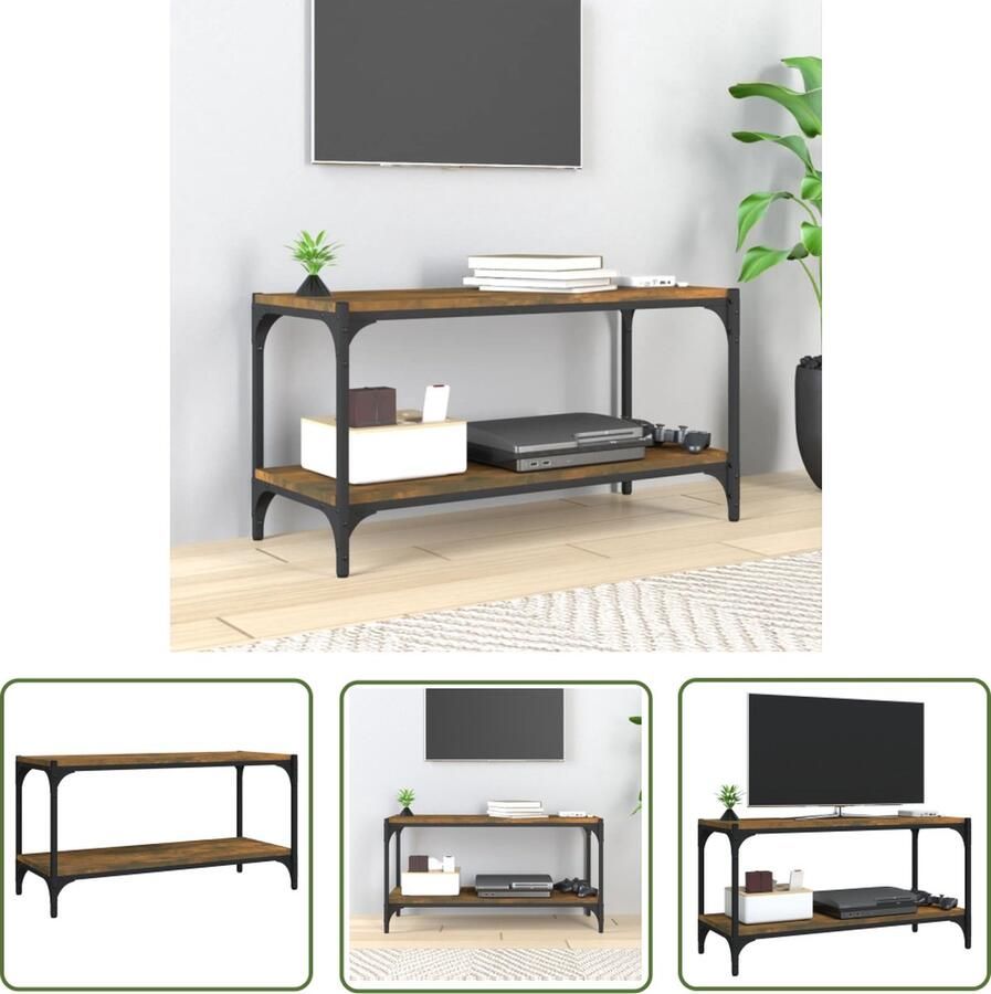 The Living Store vidaXL Tv-meubel 80x33x41 cm bewerkt hout en staal gerookt eikenkleur Tv-meubel Industrieel Tv-meubel Houten Tv-stand Bruine Tv-bank Opbergruimte Tv - Foto 2