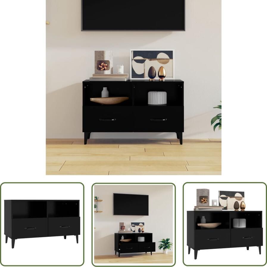 The Living Store TV-meubel Zwart 80 x 36 x 50 cm Stevig bewerkt hout Voldoende opbergruimte Tv-meubel Kast Houten Tv-standaard Mediastand Televisiecabinet - Foto 2