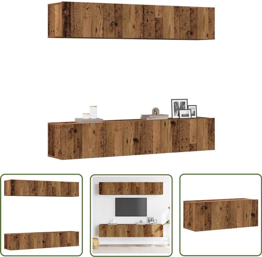 The Living Store vidaXL Kast Tv Meubel Tv-wandkasten 4 st bewerkt hout oud houtkleurig Houten Kast Media Kast Wandmontage