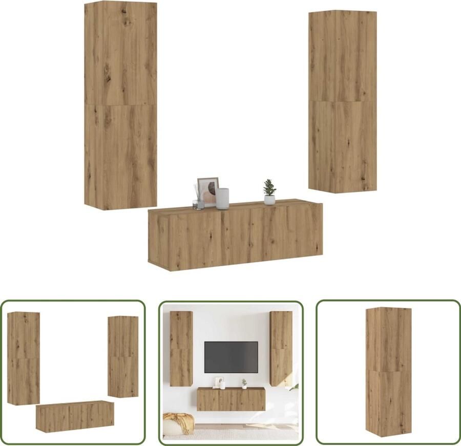 The Living Store vidaXL Kastje Tv Kast Tv-wandkasten 3 st bewerkt hout artisanaal eikenkleurig Media Kast Houten Kast Wandmontage