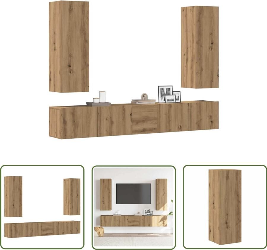 The Living Store vidaXL Kastjes Tv Kast Tv-wandkasten 5 st bewerkt hout artisanaal eikenkleurig Houten Kast Salontafel Design Meubel