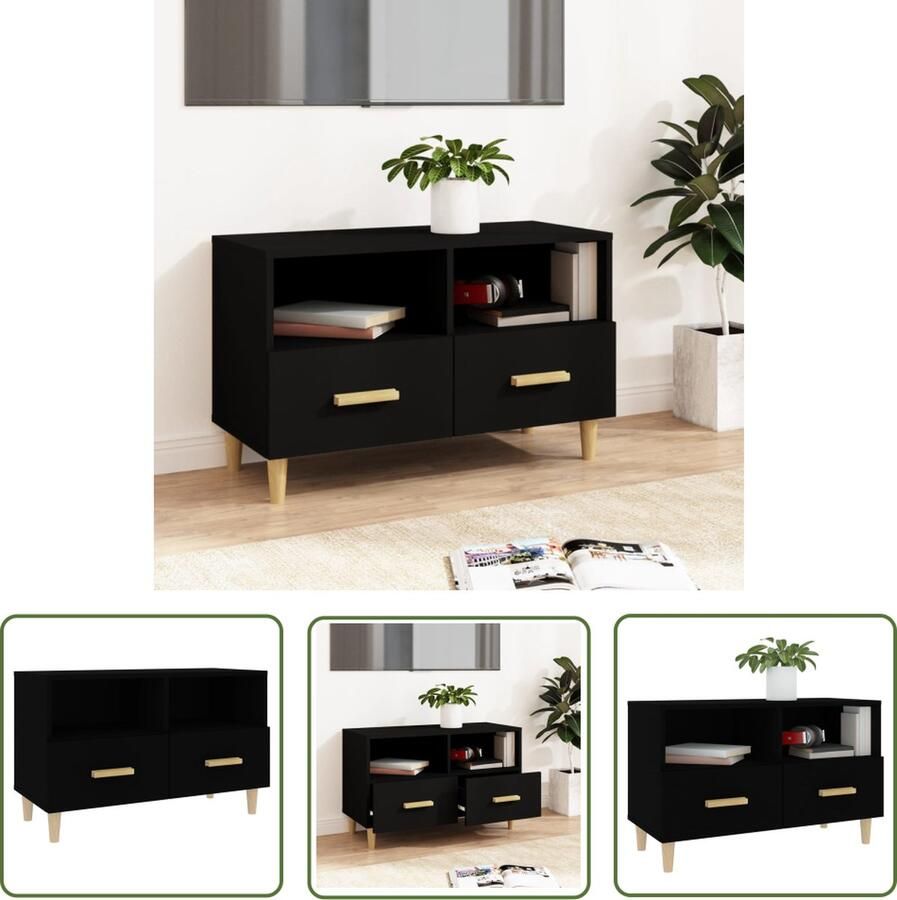 The Living Store TV-meubel Klassiek zwart 80 x 36 x 50 cm Bewerkt hout en eucalyptushout Tv-meubel Klassiek Design Zwart Houten Tv Kast Tv Stand - Foto 2