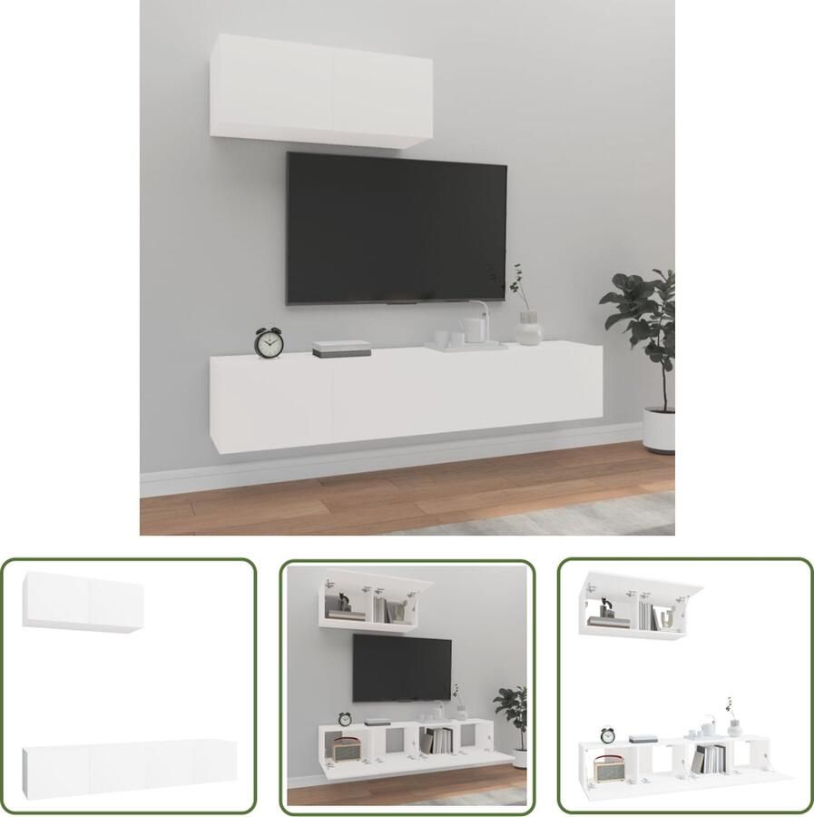 The Living Store vidaXL Klassieke Tv Kast Tv Kast 3-delige Tv-meubelset bewerkt hout wit Houten Tv Kast Witte Tv Kast Wandmontage Tv Kast - Foto 2