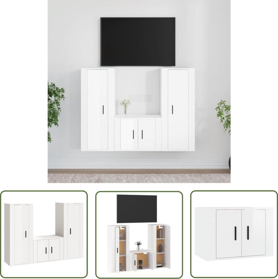 The Living Store TV-meubel set Klassiek Hoogglans wit 2x40x34.5x100cm 1x57x34.5x40cm Bewerkt hout Tv Meubels Klassieke Tv Stand Houten Tv Kast Wit Tv Meubel Tv Salontafel - Foto 2