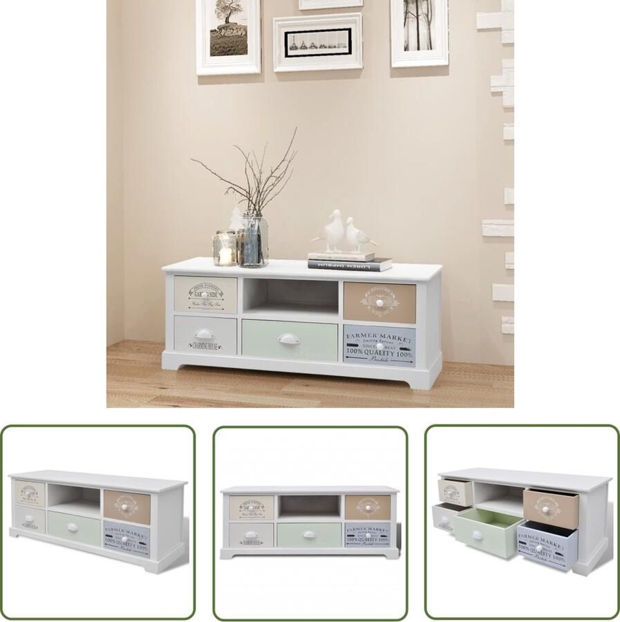 The Living Store TV-Hifi Stand Franse Landelijke Stijl 100x35x40 cm 5 Lades TV-kast Landelijk Meubilair Hifi Stand Wit Hout - Foto 2